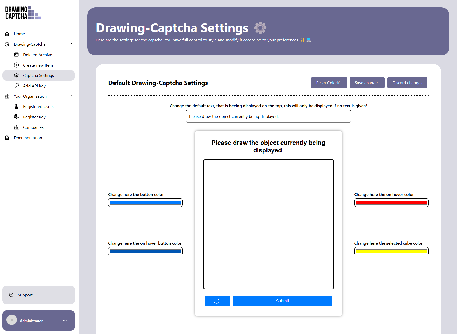 Drawing Captcha Dashborad Settings