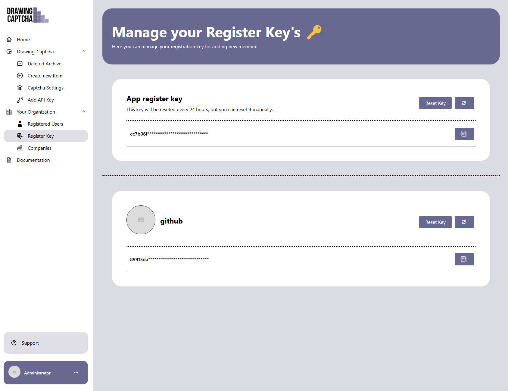Drawing Captcha Register Key Dashboard